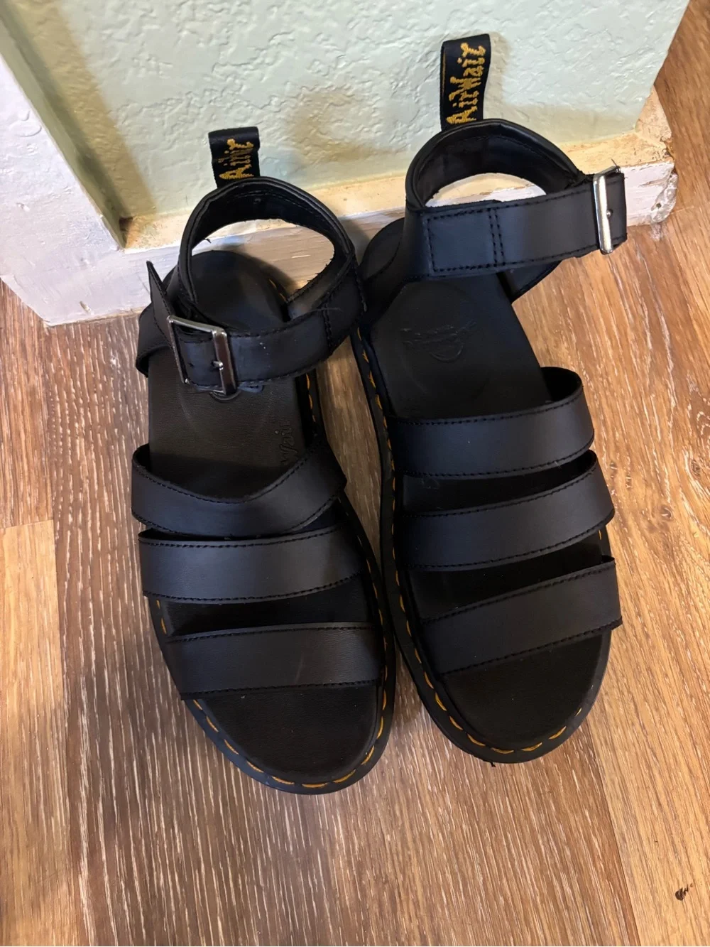 Dr. Martens Black Multi-Strap Sandals with Yellow Stitching
